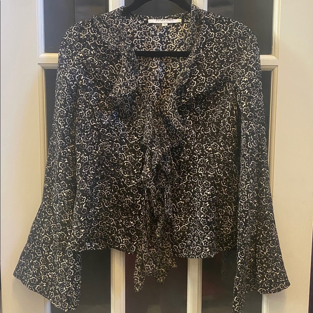 Esther Chen Vintage y2k Silk Black Floral Blouse Ruffle Open Front Blouse Top 8